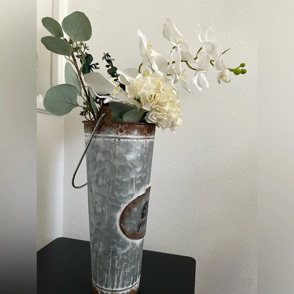 Faux Orchid Flower Arrangement With Rustic Vase 22” H.